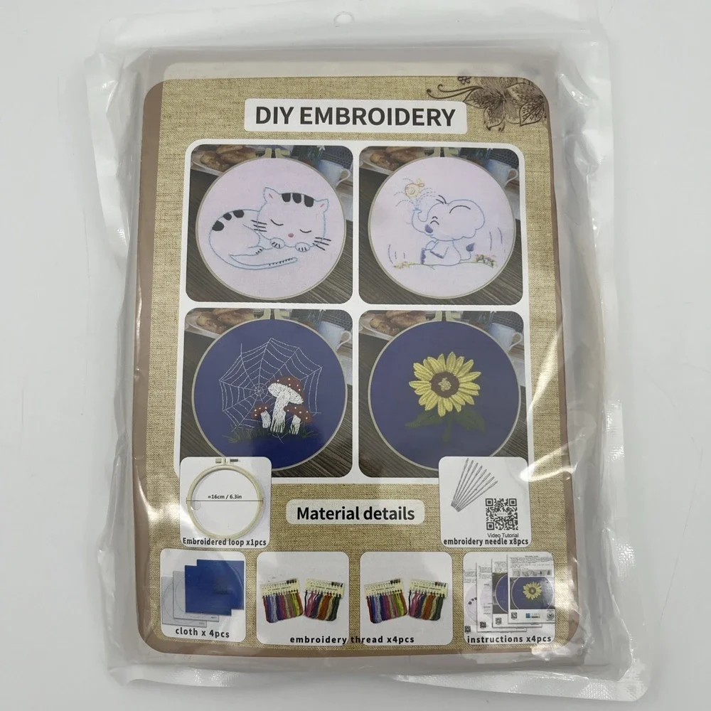 4 Sets Embroidery Starter Kit for Beginners Cross Stitch Stamped DIY Decor Craft